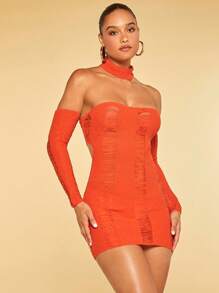 SHEIN BAE Solid Ripped Tie Backless Jumper Dress - Orange - View 1