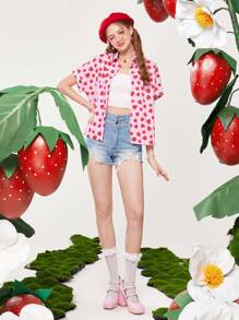 ROMWE Kawaii Strawberry Print Button Front Shirt - Pink - View 5
