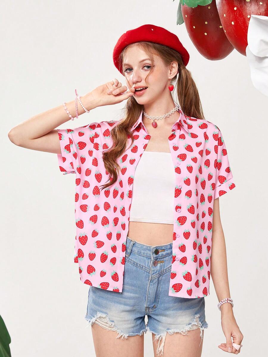 ROMWE Kawaii Strawberry Print Button Front Shirt - Pink - View 1