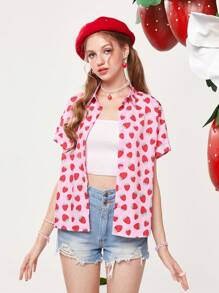 ROMWE Kawaii Strawberry Print Button Front Shirt - Pink - View 4