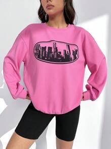 SHEIN EZwear Dopamine Dressing Building Print Drop Shoulder Sweatshirt - Hot Pink - View 5