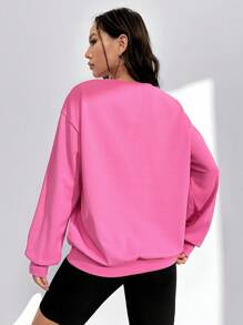 SHEIN EZwear Dopamine Dressing Building Print Drop Shoulder Sweatshirt - Hot Pink - View 2