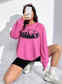 SHEIN EZwear Dopamine Dressing Building Print Drop Shoulder Sweatshirt - Hot Pink - View 4