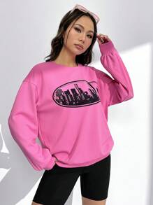 SHEIN EZwear Dopamine Dressing Building Print Drop Shoulder Sweatshirt - Hot Pink - View 1