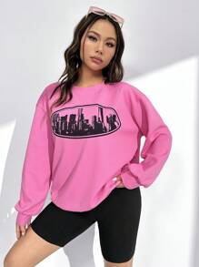 SHEIN EZwear Dopamine Dressing Building Print Drop Shoulder Sweatshirt - Hot Pink - View 6
