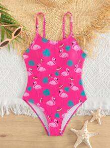 女大童火烈鳥圖案一片式吊帶泳衣 - 玫紅色 - 查看 1