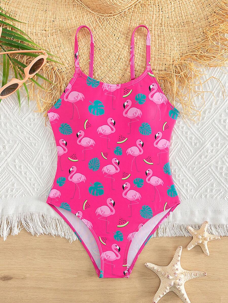 女大童火烈鳥圖案一片式吊帶泳衣 - 玫紅色 - 查看 1