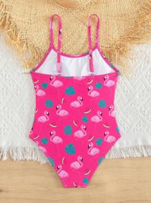 女大童火烈鳥圖案一片式吊帶泳衣 - 玫紅色 - 查看 2