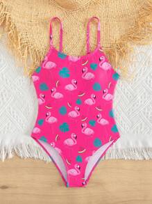 女大童火烈鳥圖案一片式吊帶泳衣 - 玫紅色 - 查看 5