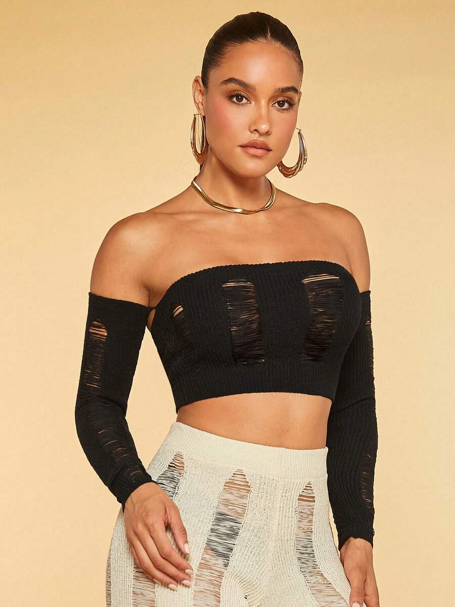 SHEIN BAE 一字肩破洞短款毛衣 - 黑色 - 查看 1