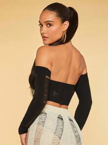 SHEIN BAE 一字肩破洞短款毛衣 - 黑色 - 查看 2