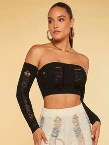 SHEIN BAE 一字肩破洞短款毛衣 - 黑色 - 查看 5