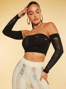 SHEIN BAE 一字肩破洞短款毛衣 - 黑色 - 查看 6