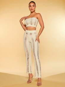 SHEIN BAE Solid Ripped Knit Trousers - Beige - View 4