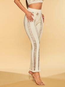 SHEIN BAE Solid Ripped Knit Trousers - Beige - View 7