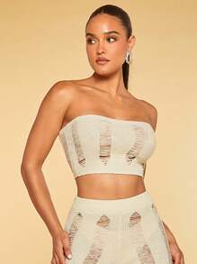 SHEIN BAE Ripped Crop Tube Knit Top - White - View 1
