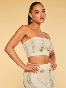 SHEIN BAE Ripped Crop Tube Knit Top - White - View 5