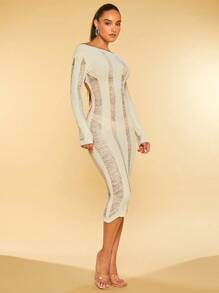 SHEIN BAE 船領後背繫帶破洞緊身毛衣裙 - 米色 - 查看 7