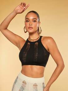 SHEIN BAE Chất rắn Rách Áo đan Crop - màu đen - Xem 1