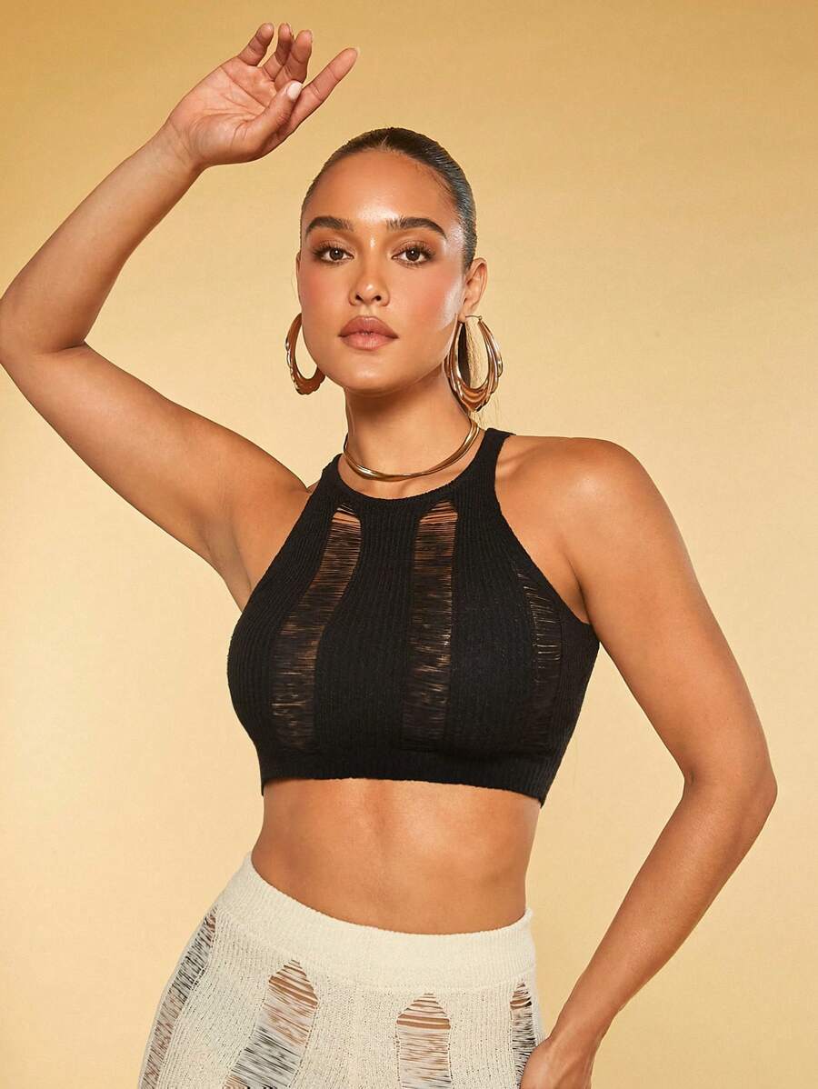 SHEIN BAE Chất rắn Rách Áo đan Crop - màu đen - Xem 1