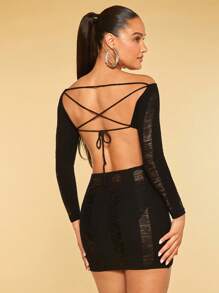 SHEIN BAE Off Shoulder Mở Stitch Váy len bó sát - màu đen - Xem 7