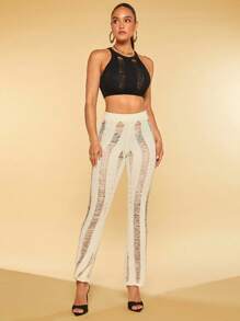 SHEIN BAE Chất rắn Rách Áo đan Crop - màu đen - Xem 4