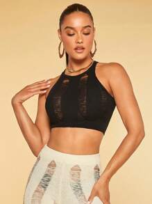 SHEIN BAE Chất rắn Rách Áo đan Crop - màu đen - Xem 5