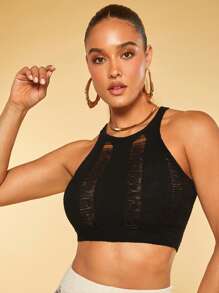 SHEIN BAE Chất rắn Rách Áo đan Crop - màu đen - Xem 6