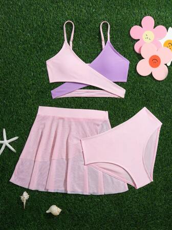 3 件套 女童比基尼套装 带粉色双色网裙 适合夏季 夏季海滩