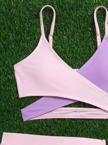 3 件套 女童比基尼套装 带粉色双色网裙 适合夏季 夏季海滩 - 彩色 - 查看 4