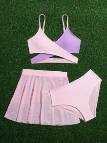 3 件套 女童比基尼套装 带粉色双色网裙 适合夏季 夏季海滩 - 彩色 - 查看 5