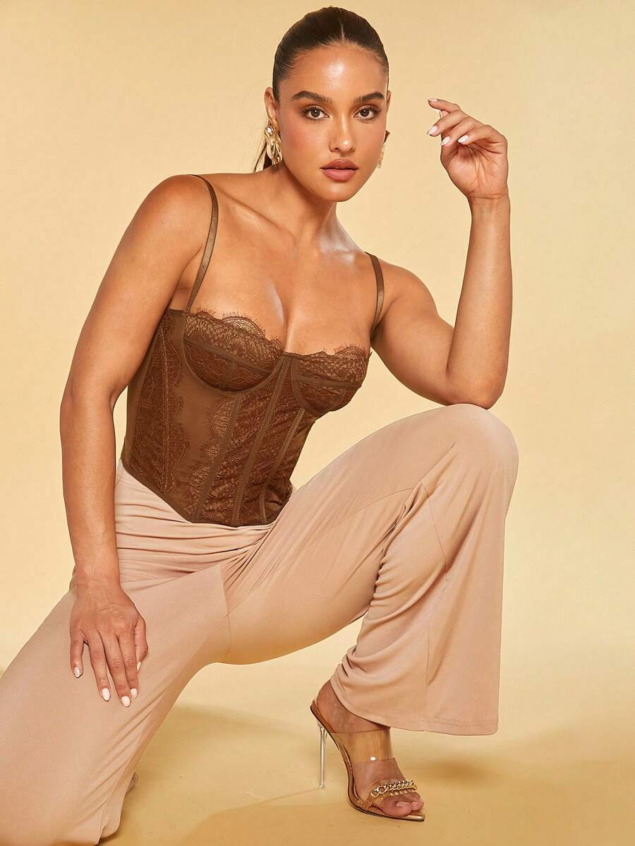 Silquee Ladies' Slim Fit Lace Contrast Mesh Camisole Top,Fall/Autumn - Brown - View 1