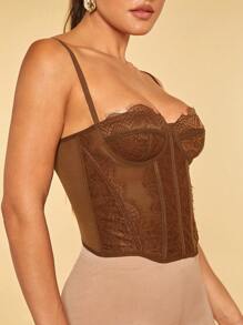 Silquee Ladies' Slim Fit Lace Contrast Mesh Camisole Top,Fall/Autumn - Brown - View 3