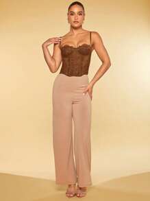 Silquee Ladies' Slim Fit Lace Contrast Mesh Camisole Top,Fall/Autumn - Brown - View 4