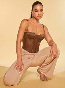 Silquee Ladies' Slim Fit Lace Contrast Mesh Camisole Top,Fall/Autumn - Brown - View 6