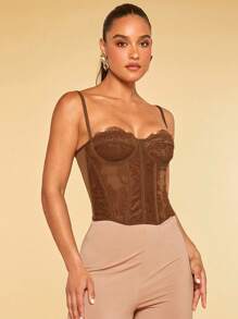 Silquee Ladies' Slim Fit Lace Contrast Mesh Camisole Top,Fall/Autumn - Brown - View 7