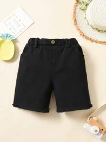 Young Boy Solid Raw Hem Shorts - Black - View 1