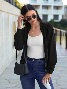 SHEIN LUNE 拉鏈開襟紋理質感飛行員夾克 - 黑色 - 查看 1