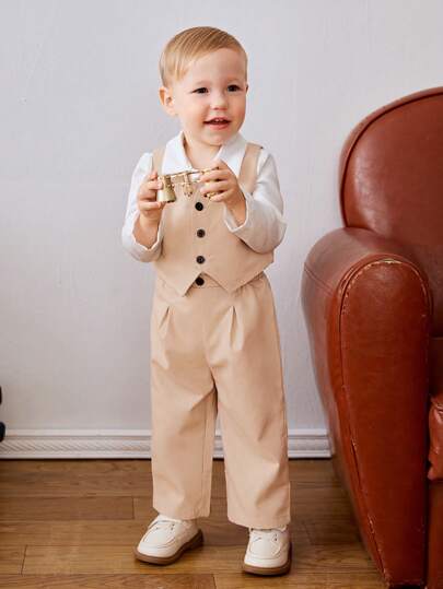 SHEIN 嬰兒優雅和時髦紳士卡其色背心帶彈性腰帶長褲套裝
