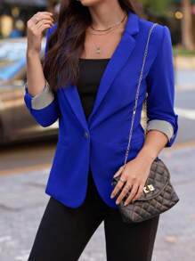 SHEIN LUNE Knapp Randig Elegant Blazer - Kungsblått - Visa 1