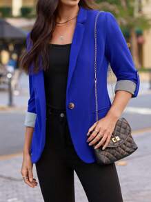 SHEIN LUNE Knapp Randig Elegant Blazer - Kungsblått - Visa 4