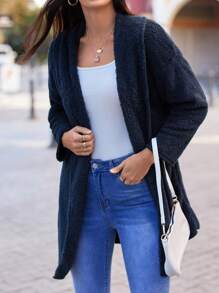 SHEIN LUNE Abrigo teddy de cuello esmoquin de hombros caídos - Azul Marino - Ver 4