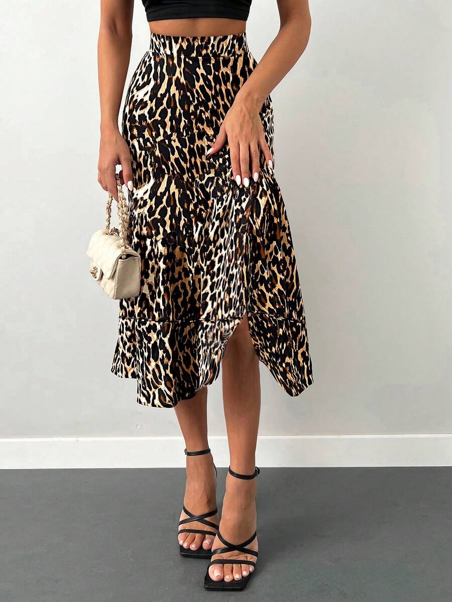 Leopard Print Ruffle Hem Skirt - Multicolor - View 1