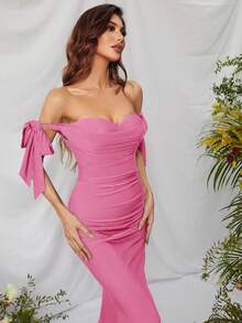 Faeriesty Elegant Off-The-Shoulder Formal Gown With Detachable Bow Tie Strap & Side Zipper Women's Sophisticated Mermaid Evening Dress For Red Carpet Events, Wedding Receptions, Opera Nights, And Charity Balls - Pink - View 5