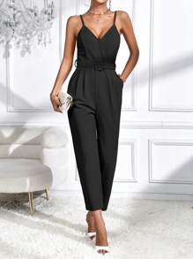 SHEIN Essnce 素色斜口袋腰帶吊帶連體褲 - 黑色 - 查看 1