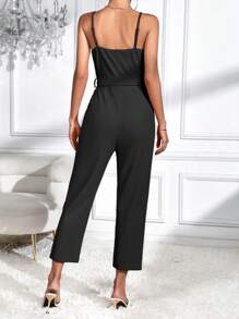 SHEIN Essnce 素色斜口袋腰帶吊帶連體褲 - 黑色 - 查看 2