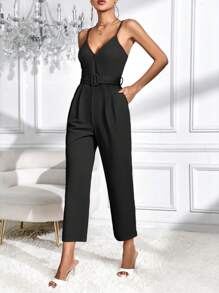 SHEIN Essnce 素色斜口袋腰帶吊帶連體褲 - 黑色 - 查看 3