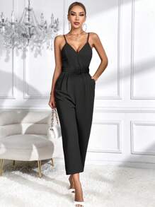 SHEIN Essnce 素色斜口袋腰帶吊帶連體褲 - 黑色 - 查看 6