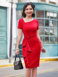 MUXXN Twist Front Asymmetrical Neck Bodycon Dress - Red - View 4