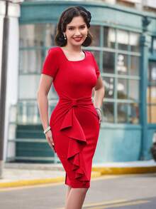 MUXXN Twist Front Asymmetrical Neck Bodycon Dress - Red - View 5
